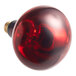 A close-up of a red Hatco infrared lamp bulb with a black base.