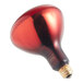 A close-up of a Hatco infrared heat lamp bulb with a red coating and a black base.