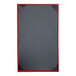 A black menu cover with a red border.