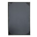 A black rectangular menu cover with black corners on a white table.