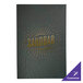 A close up of a green leather menu cover with a logo.