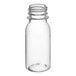 A clear PET round juice bottle with a black cap.