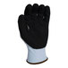 A pair of light blue gloves with black HCT microfoam nitrile palm coating.