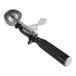 A black and silver metal ice cream scoop with a black thumb press.