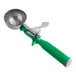 A green and silver Fourt&#233; Green Thumb ice cream scoop with a handle.