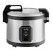 An Avantco stainless steel rice cooker with a hinged lid.