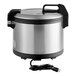 An Avantco stainless steel electric rice cooker with a black and silver hinged lid and cord.