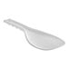 A close-up of a white plastic spoon with a handle.