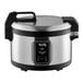 An Avantco stainless steel rice cooker with a hinged lid.