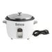 An Avantco white and grey rice cooker with a removable lid.