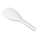 A white plastic spoon with a handle in front of a white background.