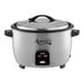 An Avantco silver and black electric rice cooker with a removable lid.