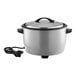 An Avantco stainless steel rice cooker pot with a black lid and cord.