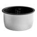 A black and white non-stick pot with a black lid for an Avantco rice cooker.