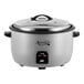 An Avantco silver and black electric rice cooker with a removable lid.