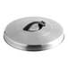 An Avantco stainless steel lid with a black handle.