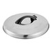 A silver stainless steel lid with a black handle.