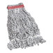 A white and gray mop with a red stripe.