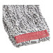 A blue and white Lavex mop head with a red stripe.