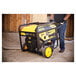 A man standing next to a yellow Champion Power Equipment Milwaukee Series portable generator.