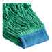 A white background with a Lavex Pro green rayon blend mop head with a blue headband.