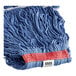 A close-up of a blue Lavex mop head with a red and white fabric background.