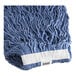 A close up of a blue Lavex Rayon cut-end mop head with a white headband.