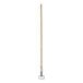 A long wooden Lavex mop handle with a metal clamp.