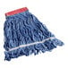 A white Lavex blue cotton mop head with a red headband.