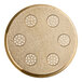 A circular gold pasta die with holes in it.