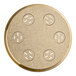A circular gold plate with holes.