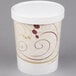 A white Solo paper soup cup with a swirl design on it and a white vented paper lid.