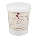 A 32 oz. double poly-paper soup or hot food cup with a vented paper lid featuring a decorative Symphony print.