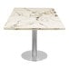 A white and gold Art Marble Furniture Calacatta Sintered Stone Tabletop on metal legs.