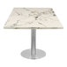 A white Art Marble Sintered Stone table top on a metal table base.