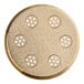 A circular gold pasta die with holes in it.