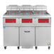 A large Vulcan liquid propane floor fryer with red handles and white buttons.