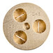 A circular brass Estella Mafaldine pasta die with three holes in it.