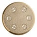 A circular gold Estella Tagliatelle pasta die with holes in it.
