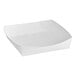 A white paper food tray with a curved top.