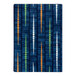 A blue rug with orange, green, and white stripes.