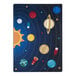 A white, blue, and yellow rectangle area rug with planets, stars, and yellow, white, red, and blue circles.