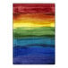 A Joy Carpets rainbow area rug with a white border and rainbow pattern.