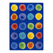 A blue rug with many colorful circles on it.