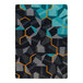A close up of a Joy Carpets teal rectangle area rug with geometric shapes in blue, black and orange.