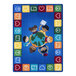 A Joy Carpets area rug with cartoon children holding a globe.