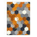 A Joy Carpets orange area rug with hexagons and squares in yellow, grey and black.