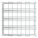 A close-up of a metal grid with holes on a white background.