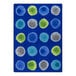 A blue rug with green, blue, and grey circles on a white background.
