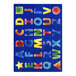A blue rug with colorful letters and numbers on it.